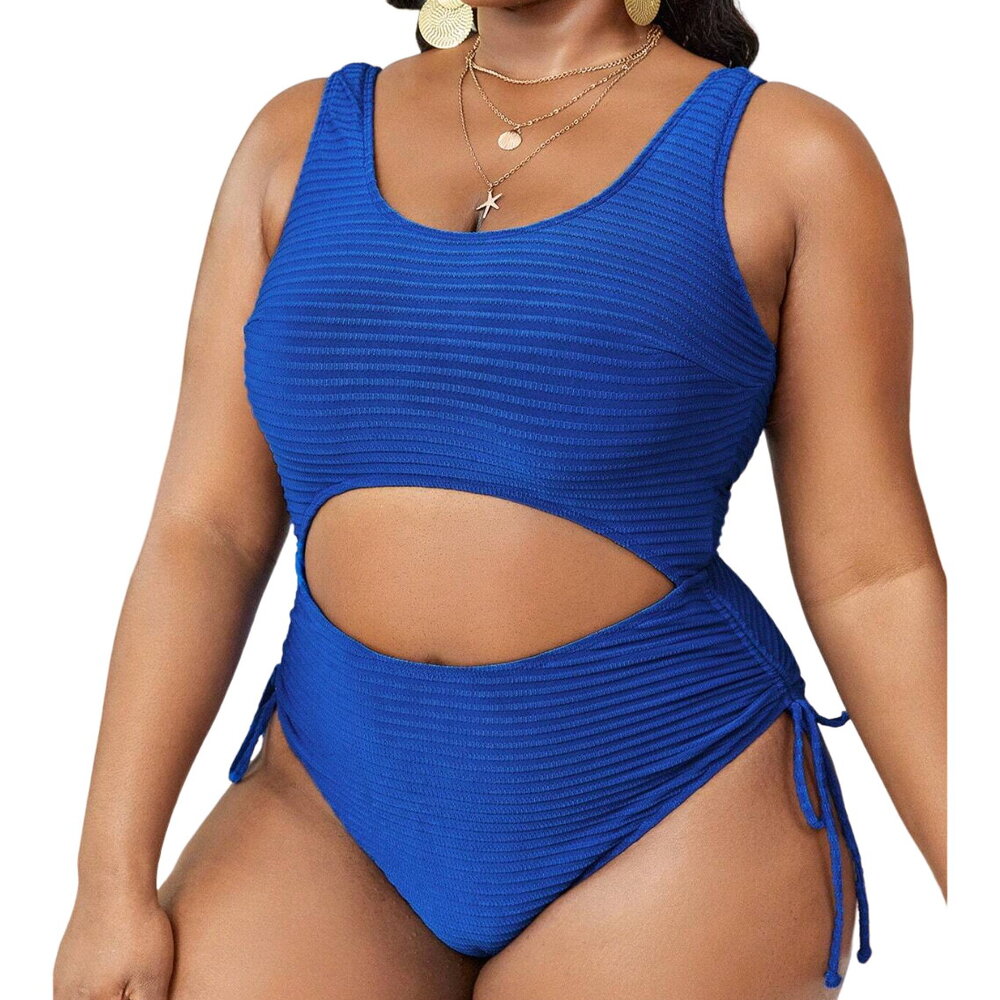 Plus Cut Out Drawstring Side One Piece Swimsuit in Blue, Size 4XL